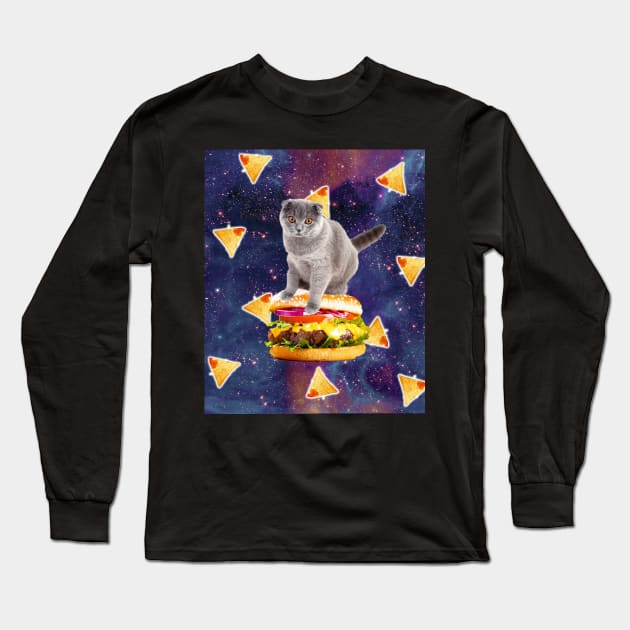 Space Kitty Cat Riding Burger With Nachos Long Sleeve T-Shirt by Random Galaxy